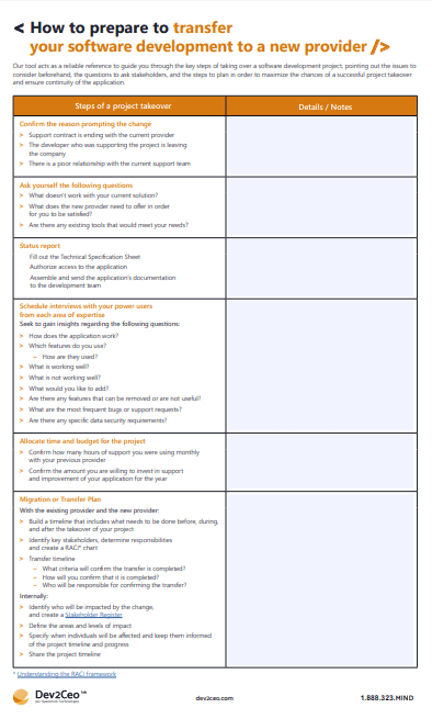 Software Project Transition Plan Checklist